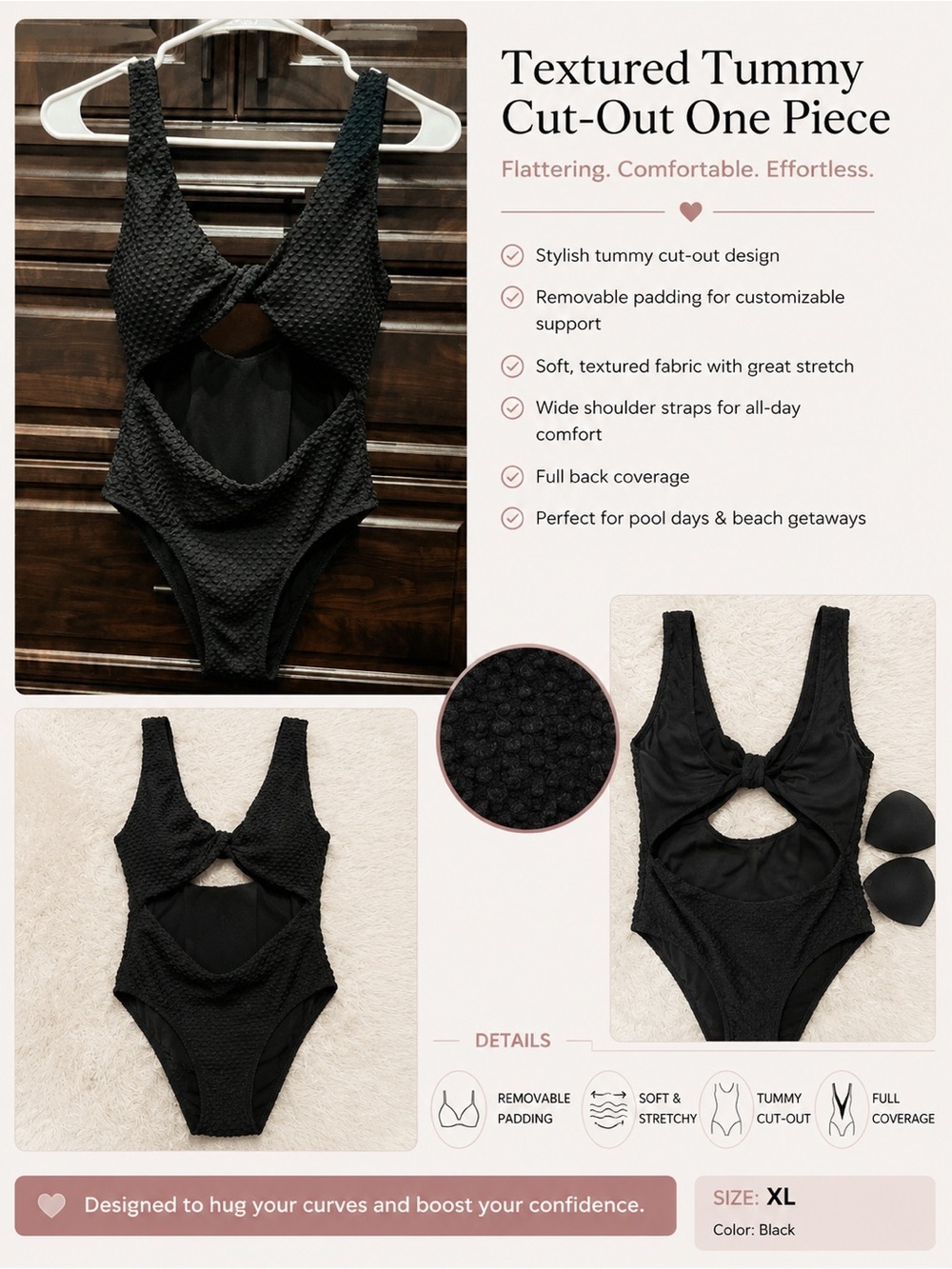 Textured Black Tummy Cut-Out One Piece Swimsuit XL